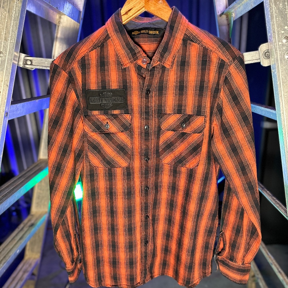 Harley-Davidson Men's Vintage Plaid Long Sleeve Woven Shirt, Orange